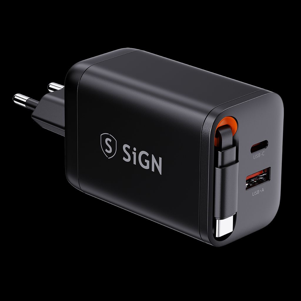 SiGN GaN Fast Charger USB-C/USB-A 65W with extendable USB-C cable - Black