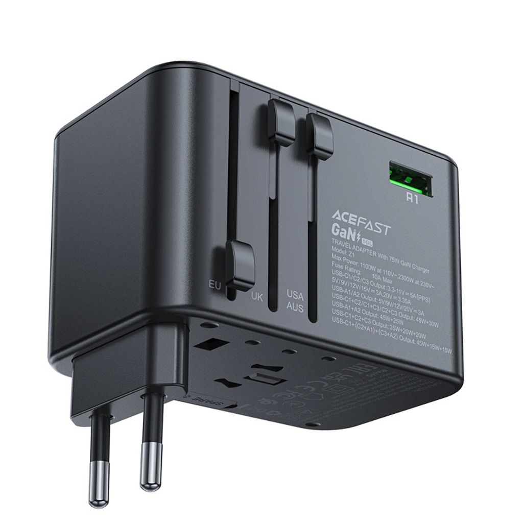 Acefast Z1 GaN Travel Adapter Charger 75W PD 3x USB-C 2x USB-A - Black