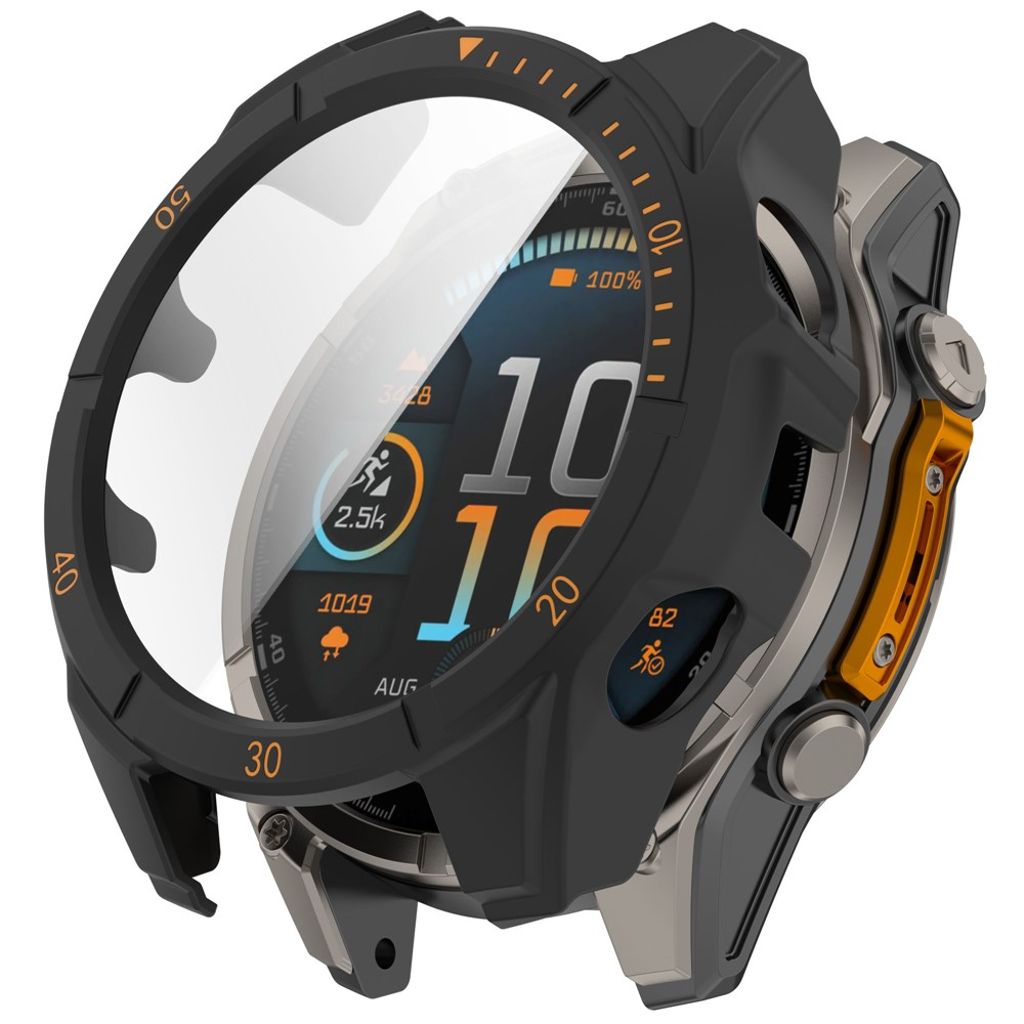 Garmin Fenix 8 47mm Case with Tempered Glass Screen Protector – Black/Orange