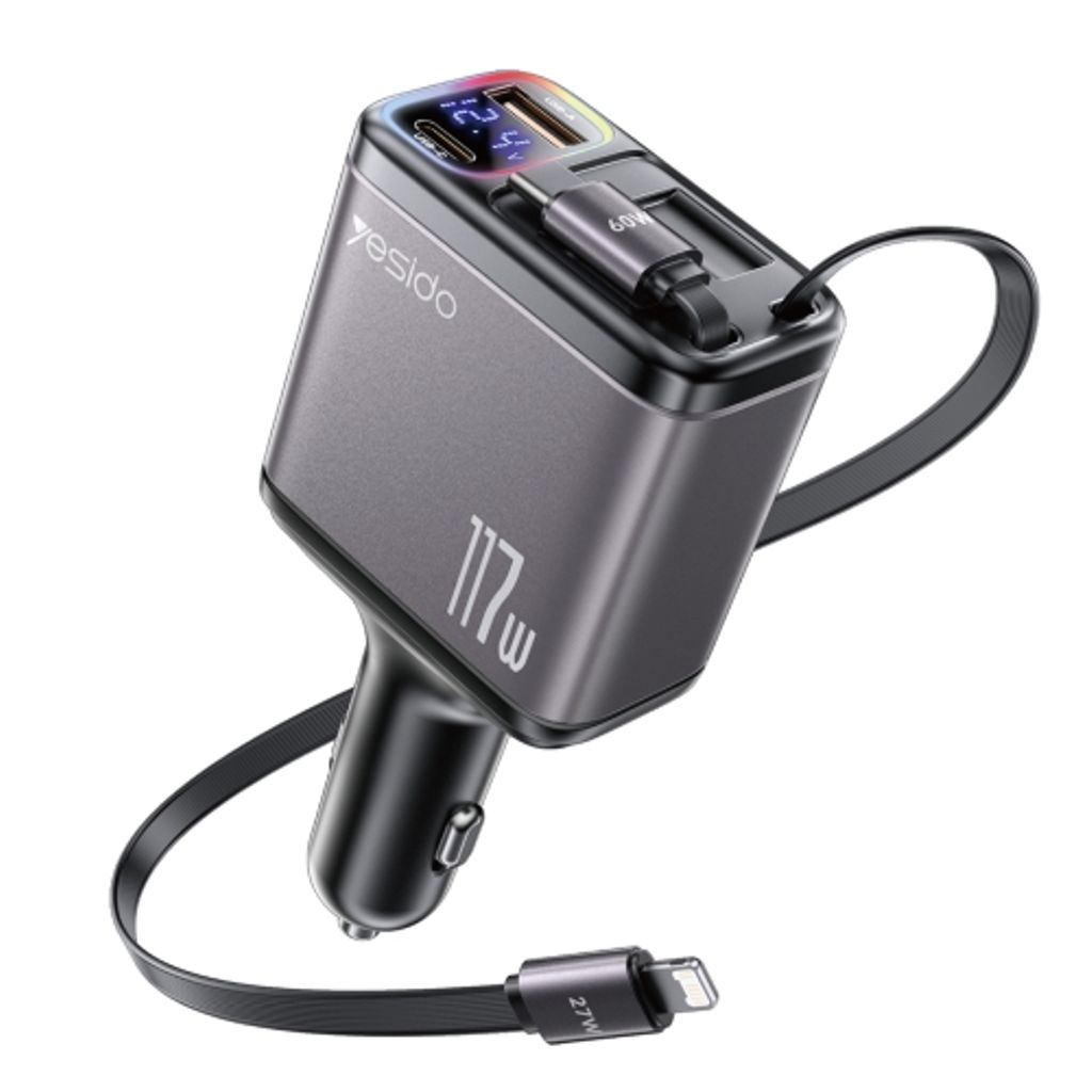 Yesido 4-in-1 USB-C/USB-A Car Charger with USB-C/Lightning Cables 117W - Black
