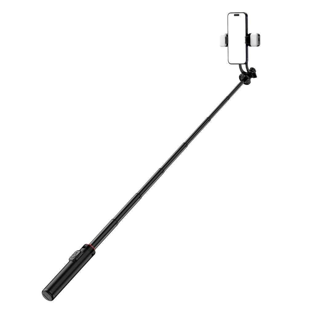 Selfie stick / Telescopic tripod with lamps phone holder, 1.3m - black