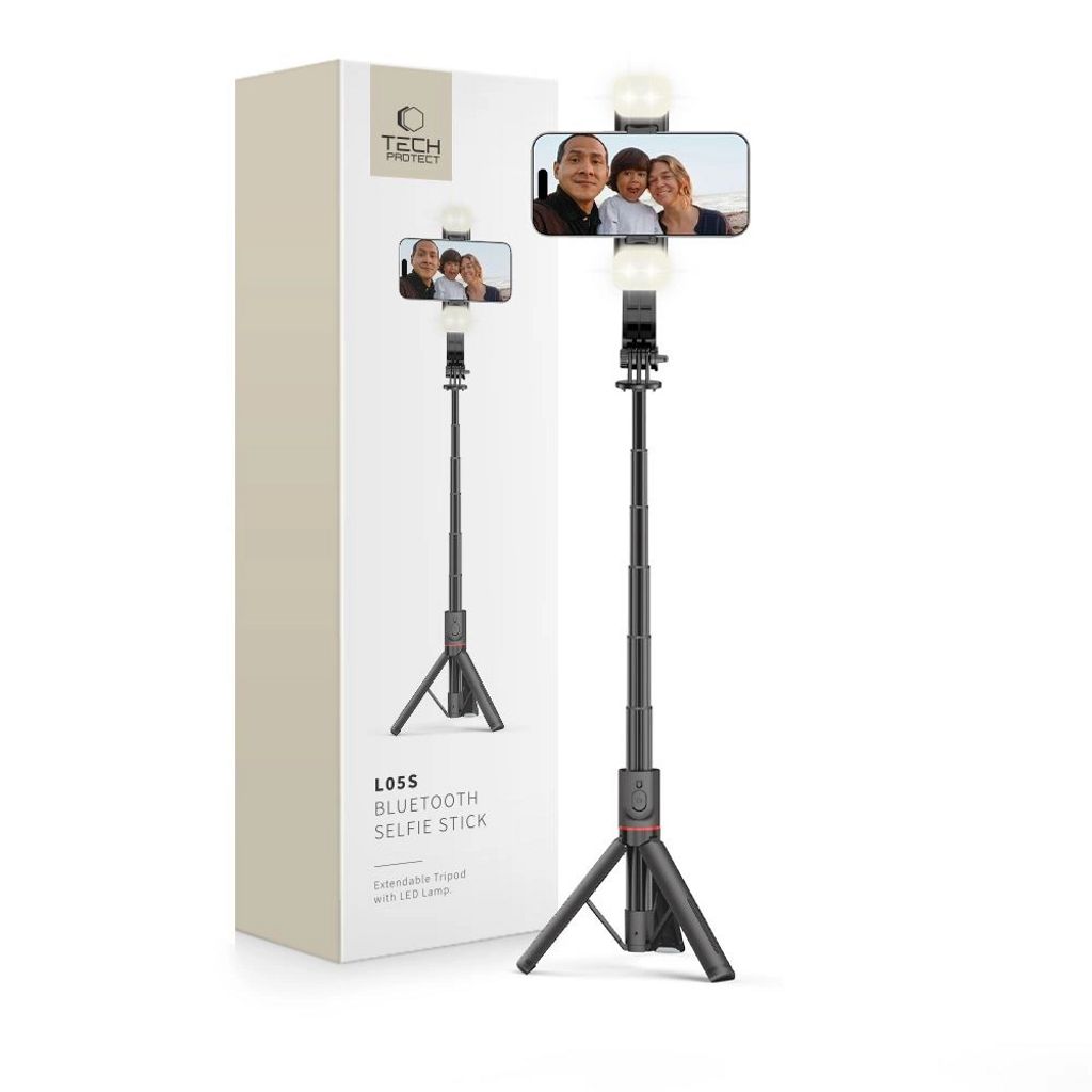 Tech-Protect L05S Bluetooth selfiestick med stativ & LED Light, 104cm - svart