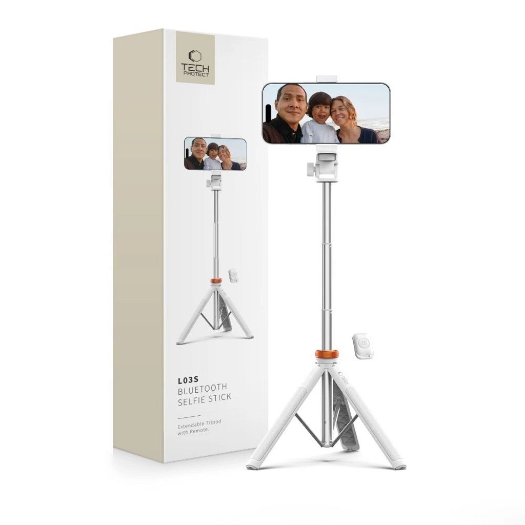 Tech-Protect Bluetooth selfiestick / stativ med remote control, 148cm - vit