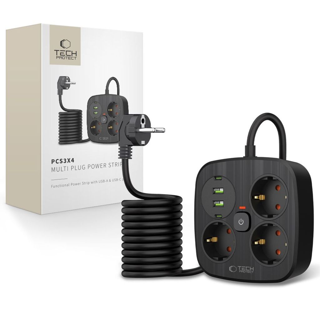 Tech-Protect PCS3X4 power strip, 3 sockets, 2xUSB-A, 2xUSB-C 200 cm – black