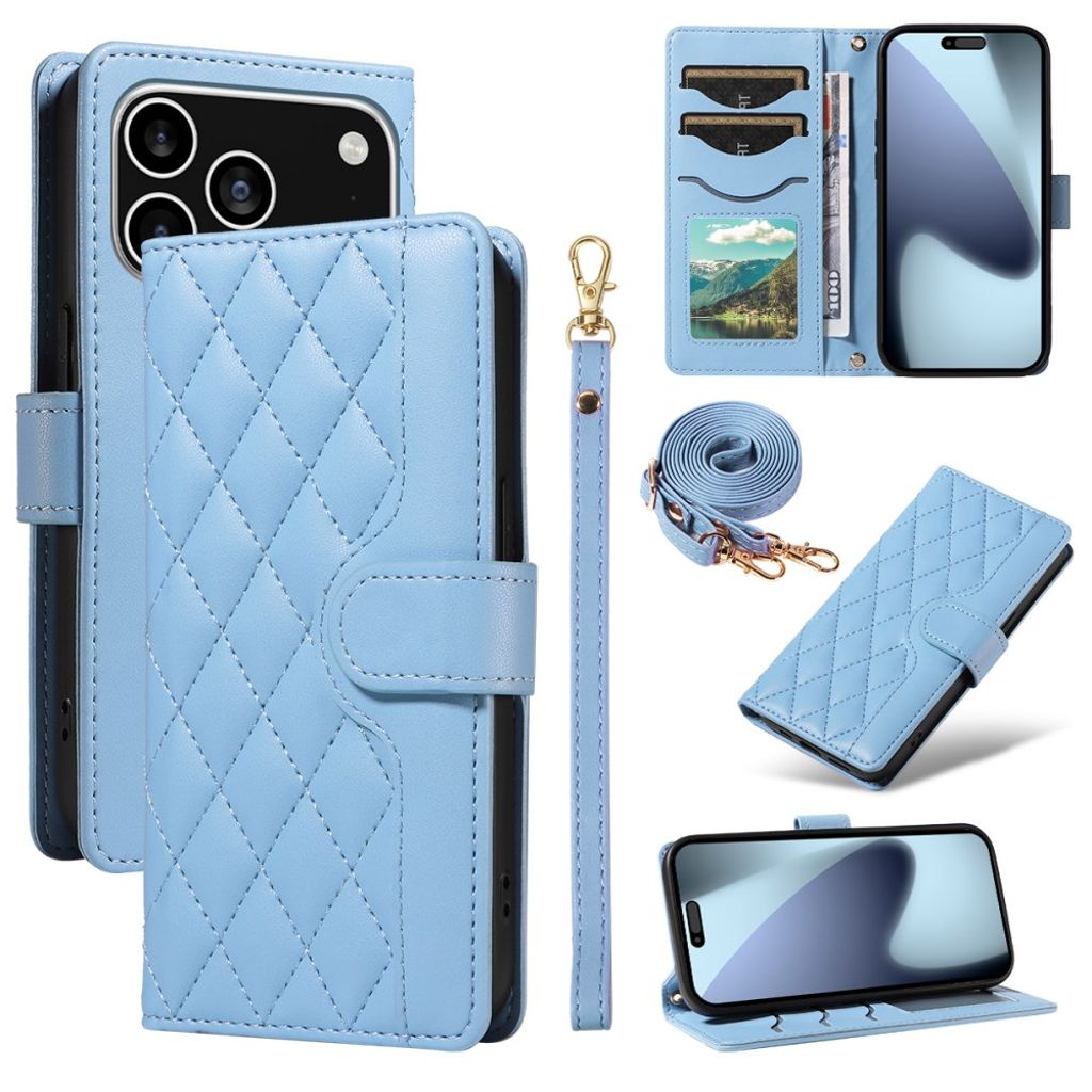 iPhone 17 Pro wallet cover rhombus PU leather with strap - blue