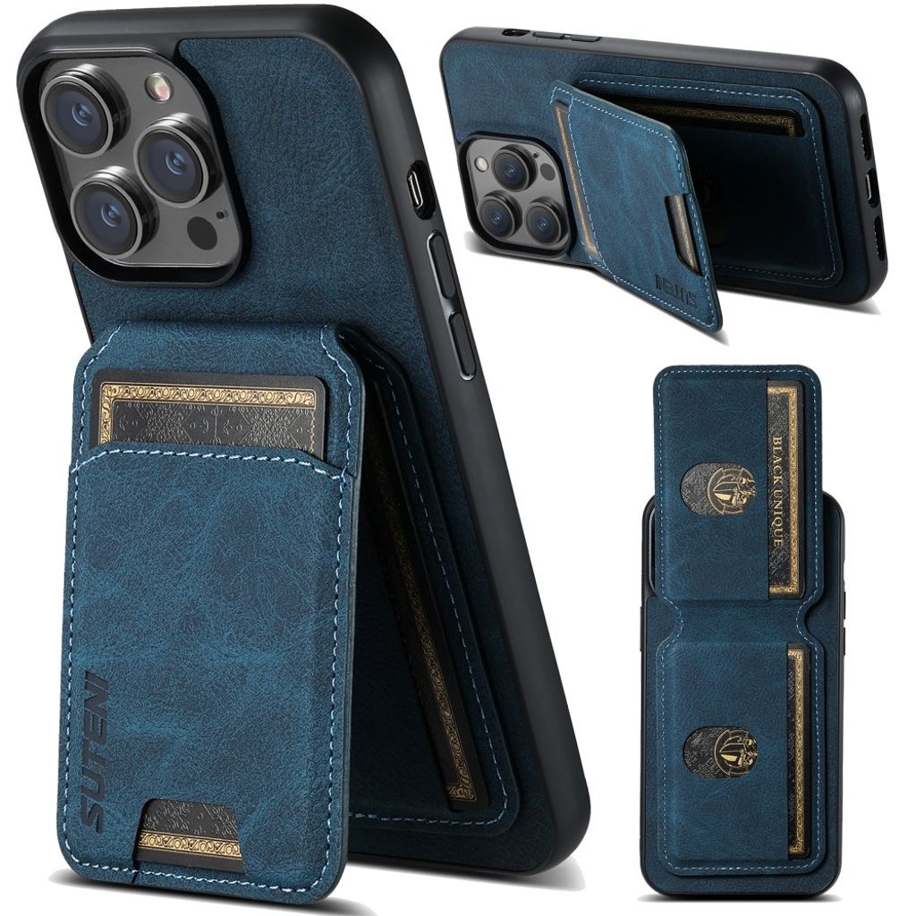 SUTENI iPhone 15 Pro plånboksfodral MagSafe Card Holder stativ – blå