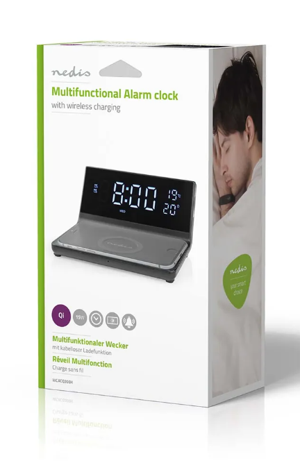 Nedis Alarm-clock with wireless charging 15W, USB A, 2 Alarm times - Black
