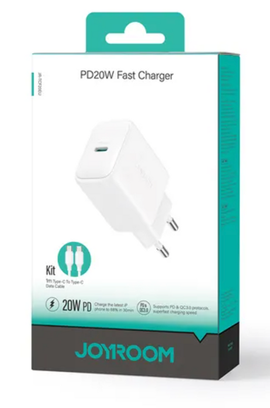 Joyroom PD 20W USB-C Fast Charger with 60W USB-C to USB-C Cable, 1m - White