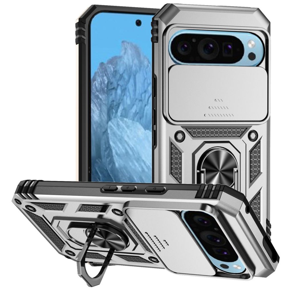 Google Pixel 10 Pro / 10 / 9 / 9 Pro skal with stativ – silver