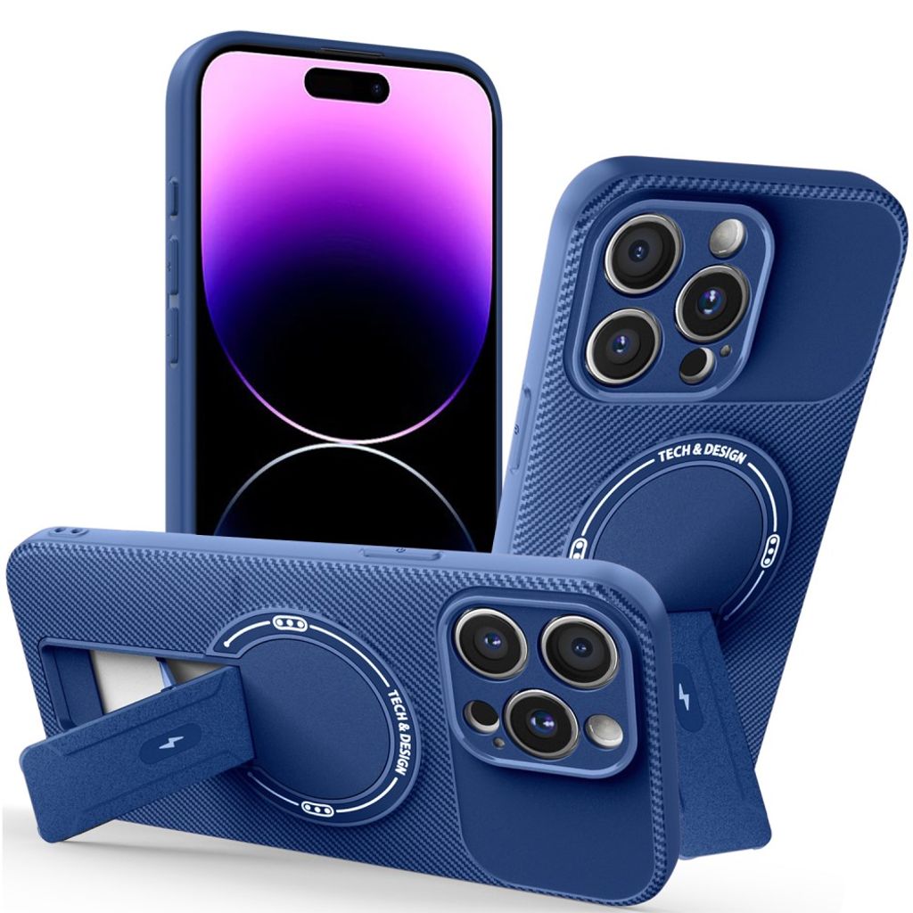 iPhone 14 Pro Max Case with Stand Carbon Fiber Texture - Blue