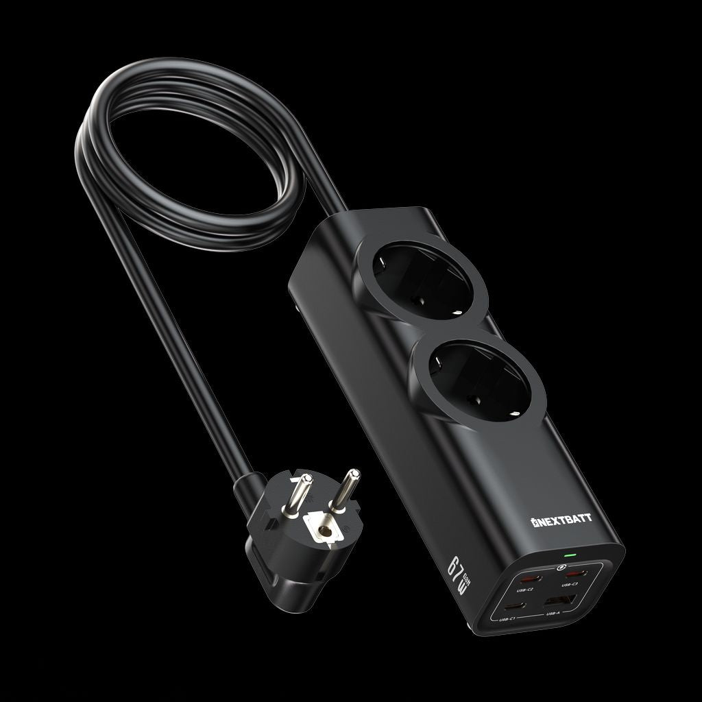 NEXTBATT 67W Fast Charging Power Strip 2-way/ 3xUSB-C/1x USB-A, 2m - Black