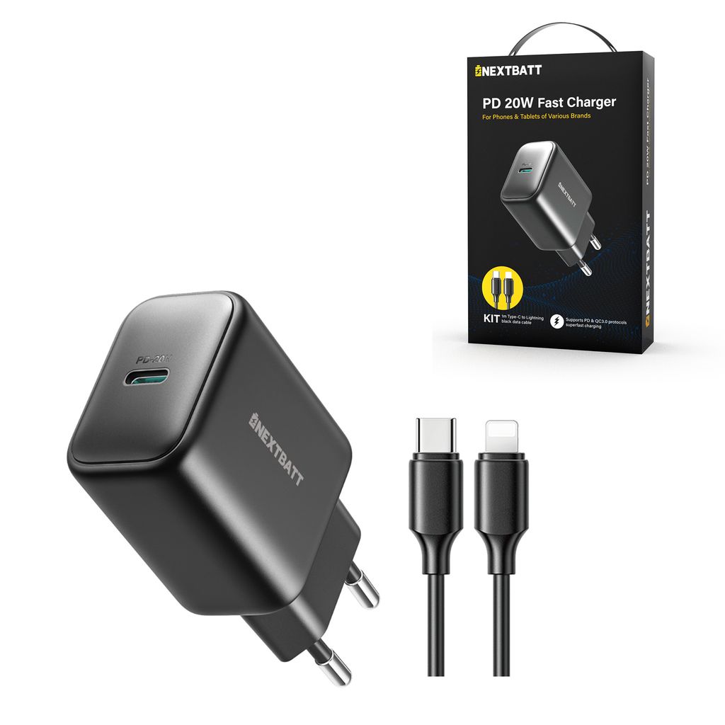 NEXTBATT Lightning to USB-C PD iPhone Fast Charger 20W with cable, 1m - Black