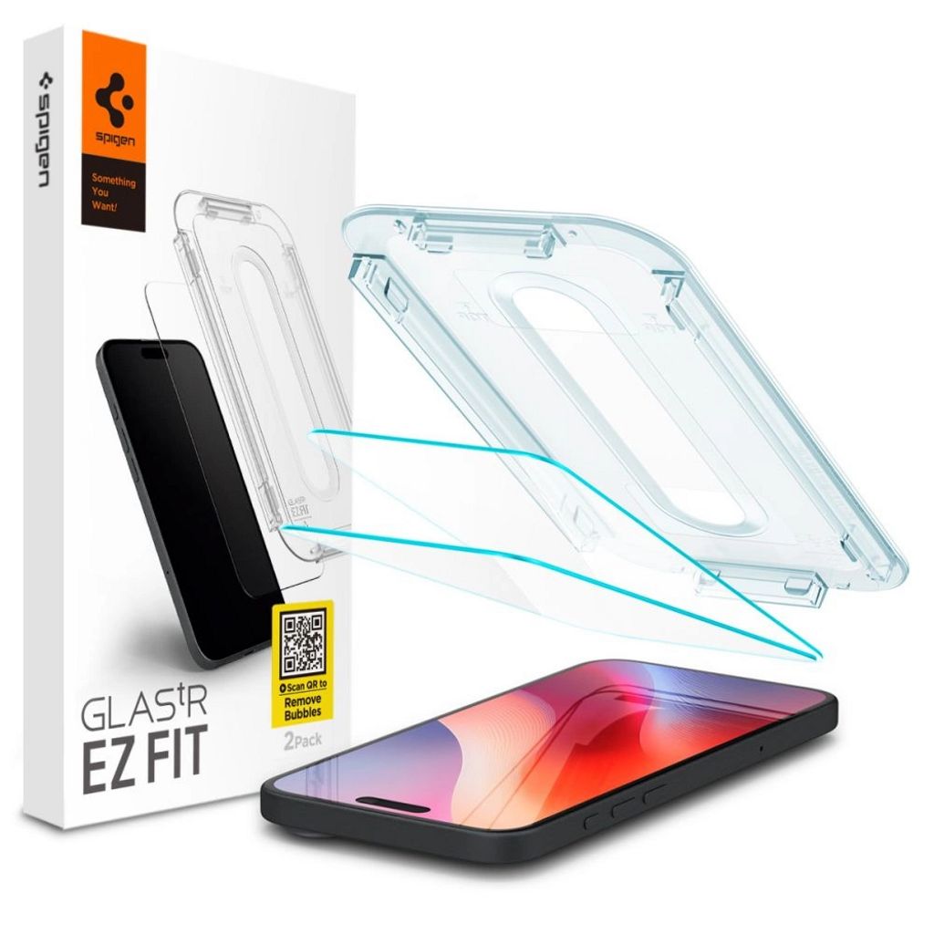 Spigen iPhone 17/17 Pro/16 Pro Glas.tR EZ Fit härdat glas skärmskydd, 2-pack