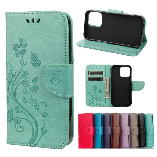 Butterfly Flower Wallet Case for iPhone 13 - Green