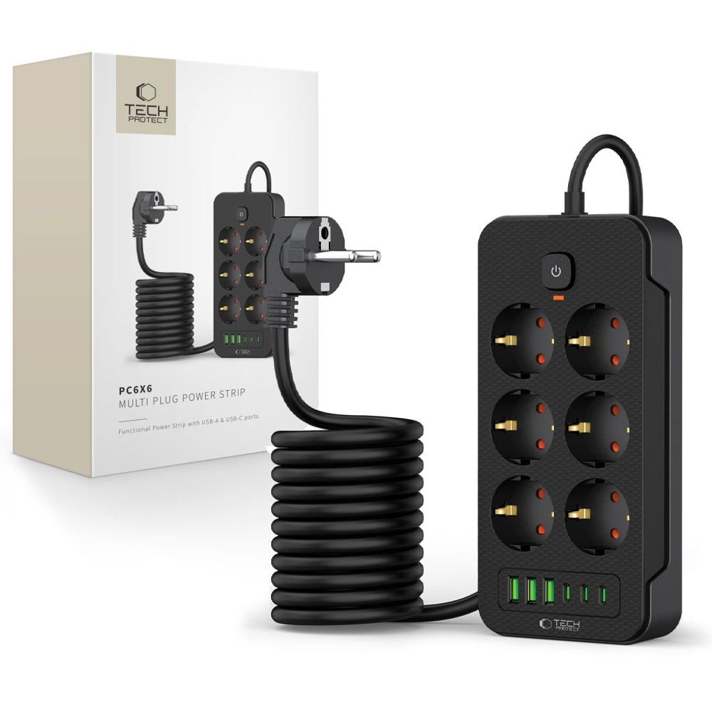 Tech-Protect Power strip 6-way 240V + 3xUSB-A + 3xUSB-C, 2m - Black