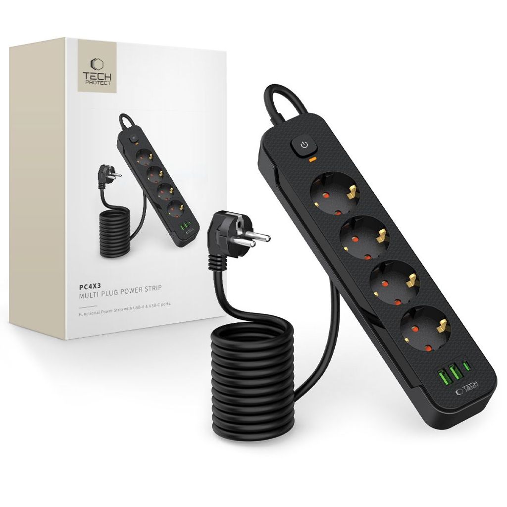 Tech-Protect Power Strip 4 Sockets 240V + 2x USB-A + 1x USB-C - Black