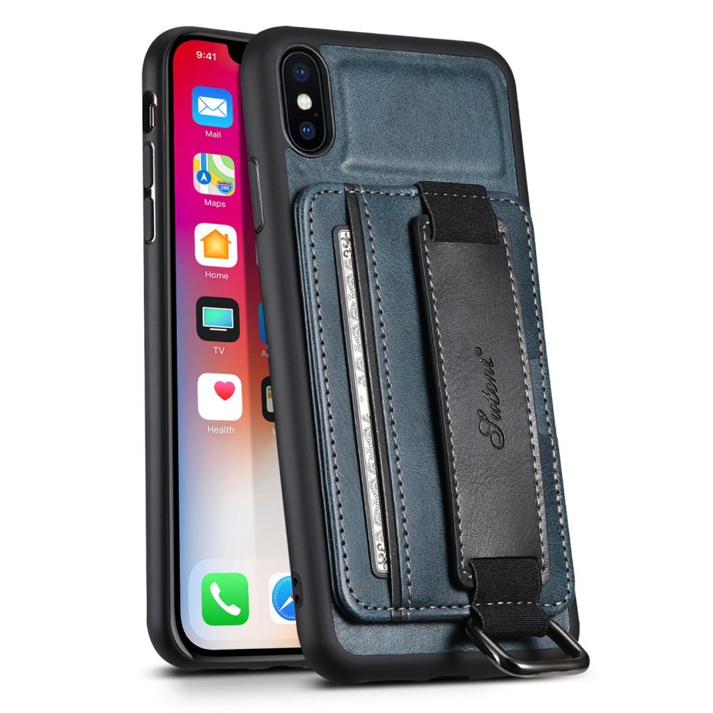 SUTENI H13 Card Holder skal with Hand Strap stöd for iPhone XS Max – blå