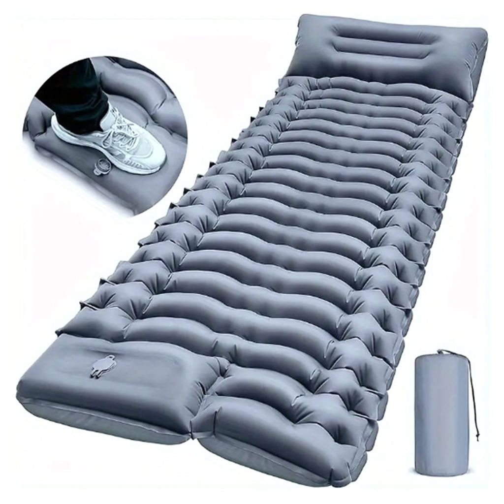 Inflatable camping mattress with foot pump & pillow – grey