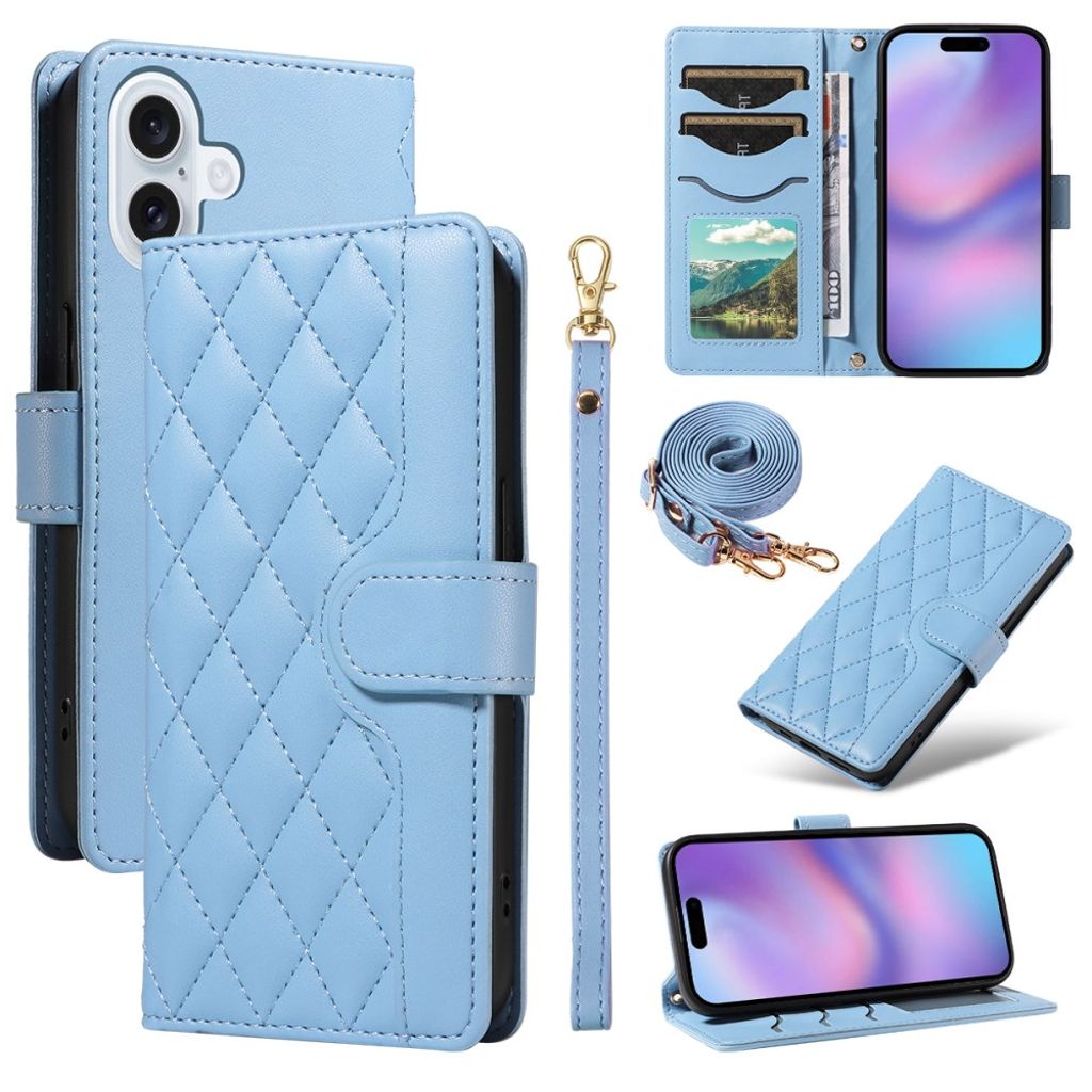 iPhone 17 wallet cover rhombus PU leather phone cover with strap - blue