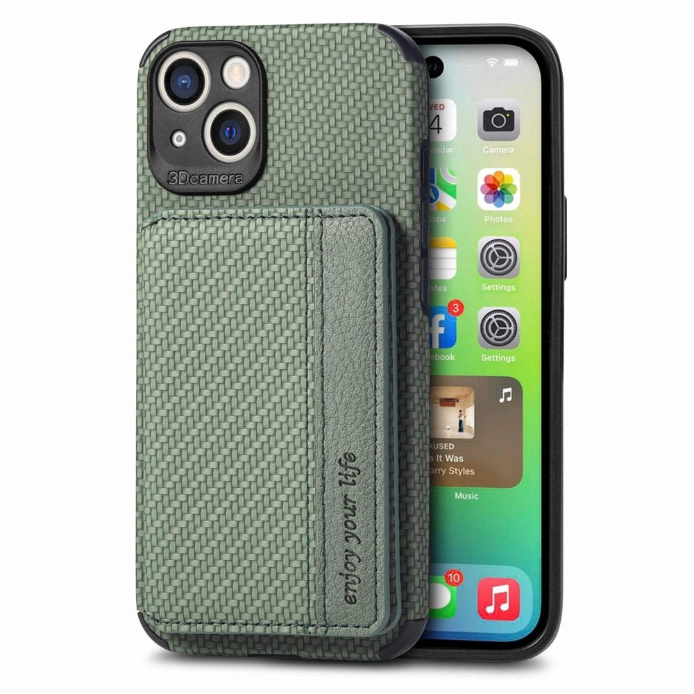 IPhone 14 Carbon Fiber Texture skal with Card Holder – grön