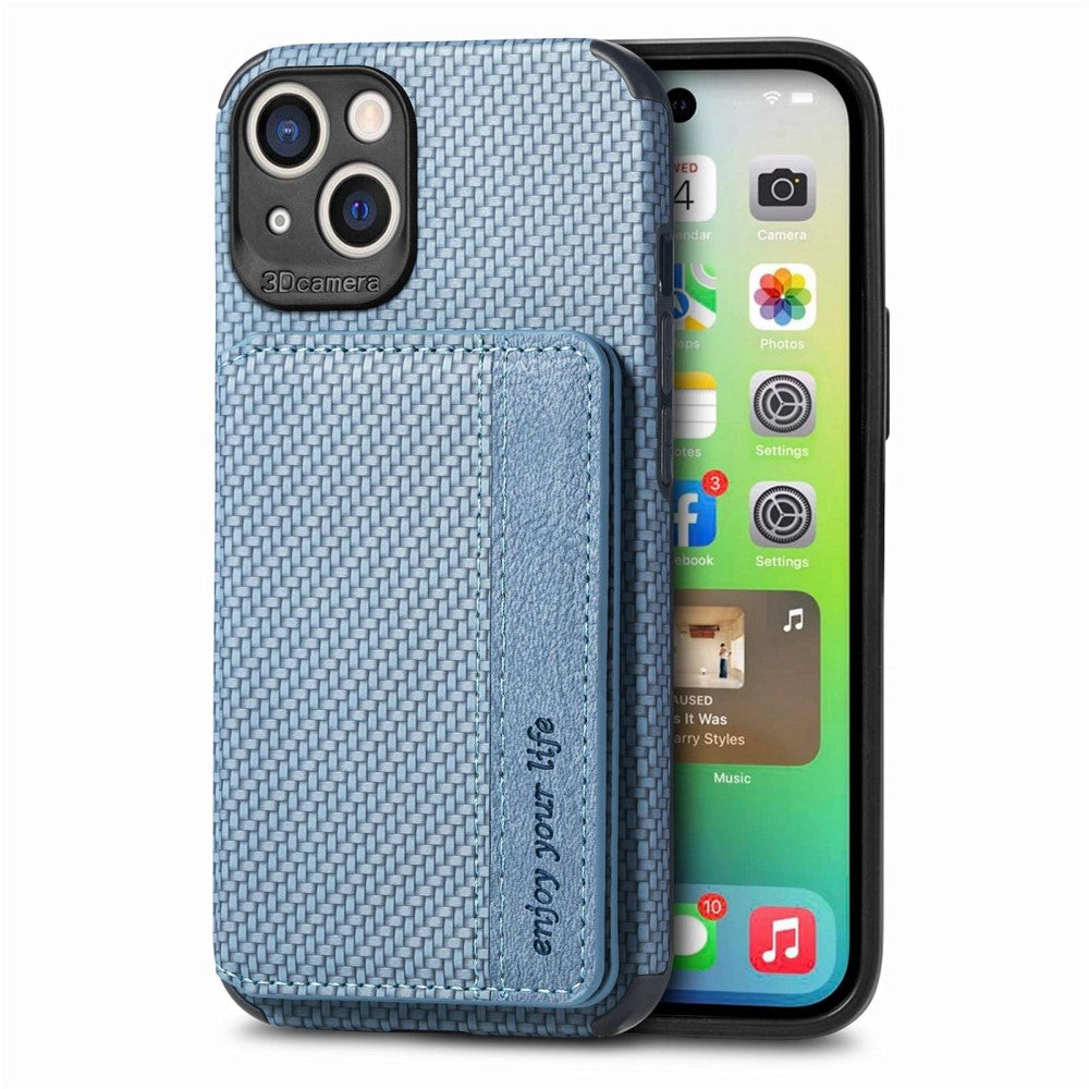 IPhone 14 Carbon Fiber Texture skal with Card Holder – blå