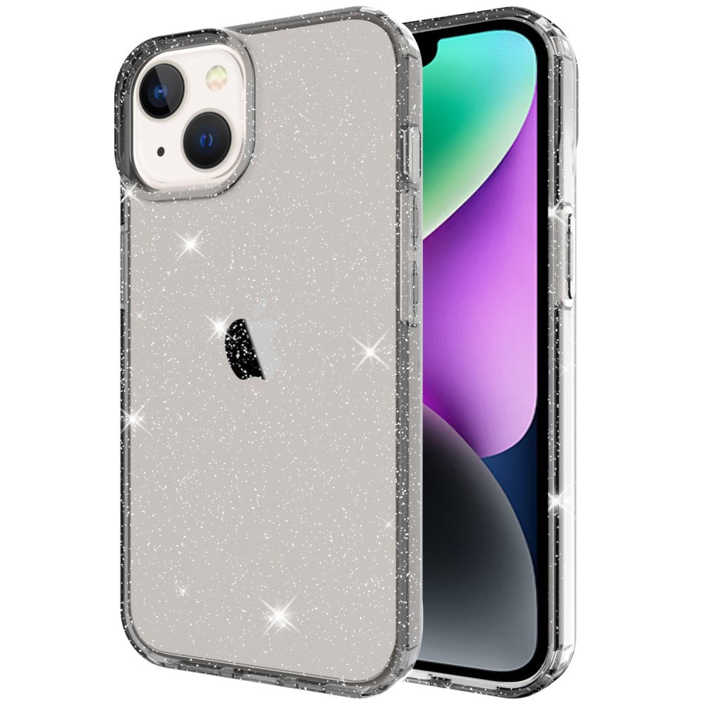 IPhone 14 Glitter Powder skal - Transparent svart
