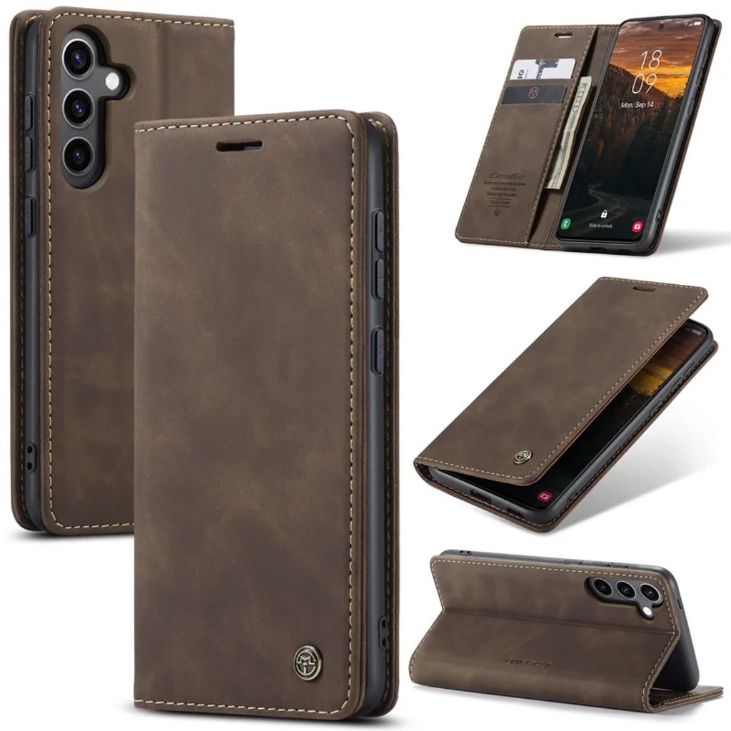 CASEME Samsung Galaxy S24 FE Matte leather imitation Wallet Cover - Dark brown