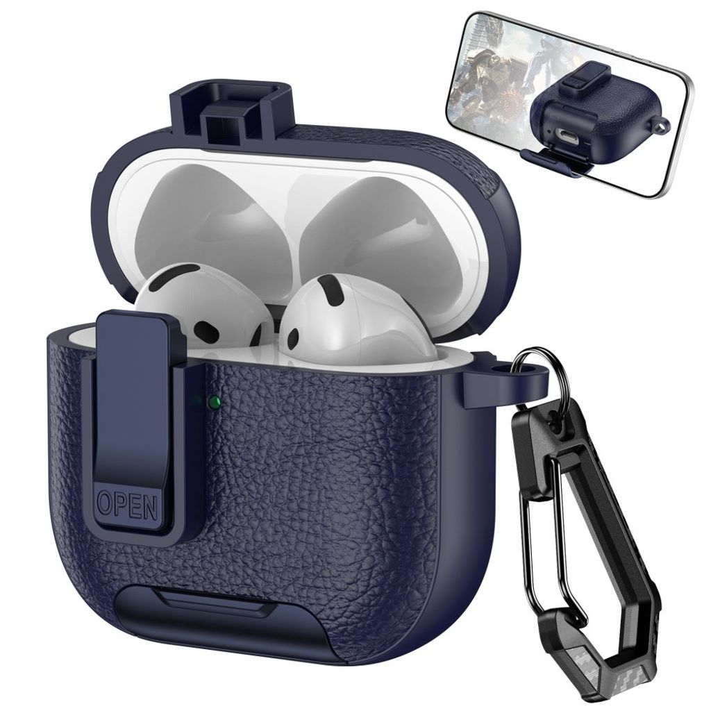 AirPods 4 Case Leather Texture Lock Stand Design with Carabiner - Dark Blue
