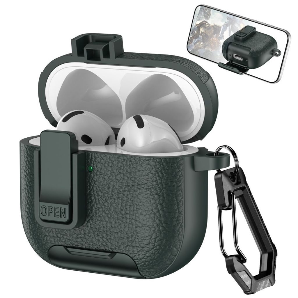 AirPods 4 Case Stand Leather Texture Lock Carabiner - Green