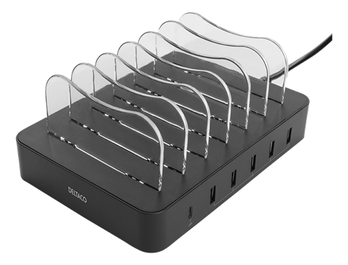Deltaco USB-laddstation, 5x USB-A, 1x USB-C PD, 50W - svart