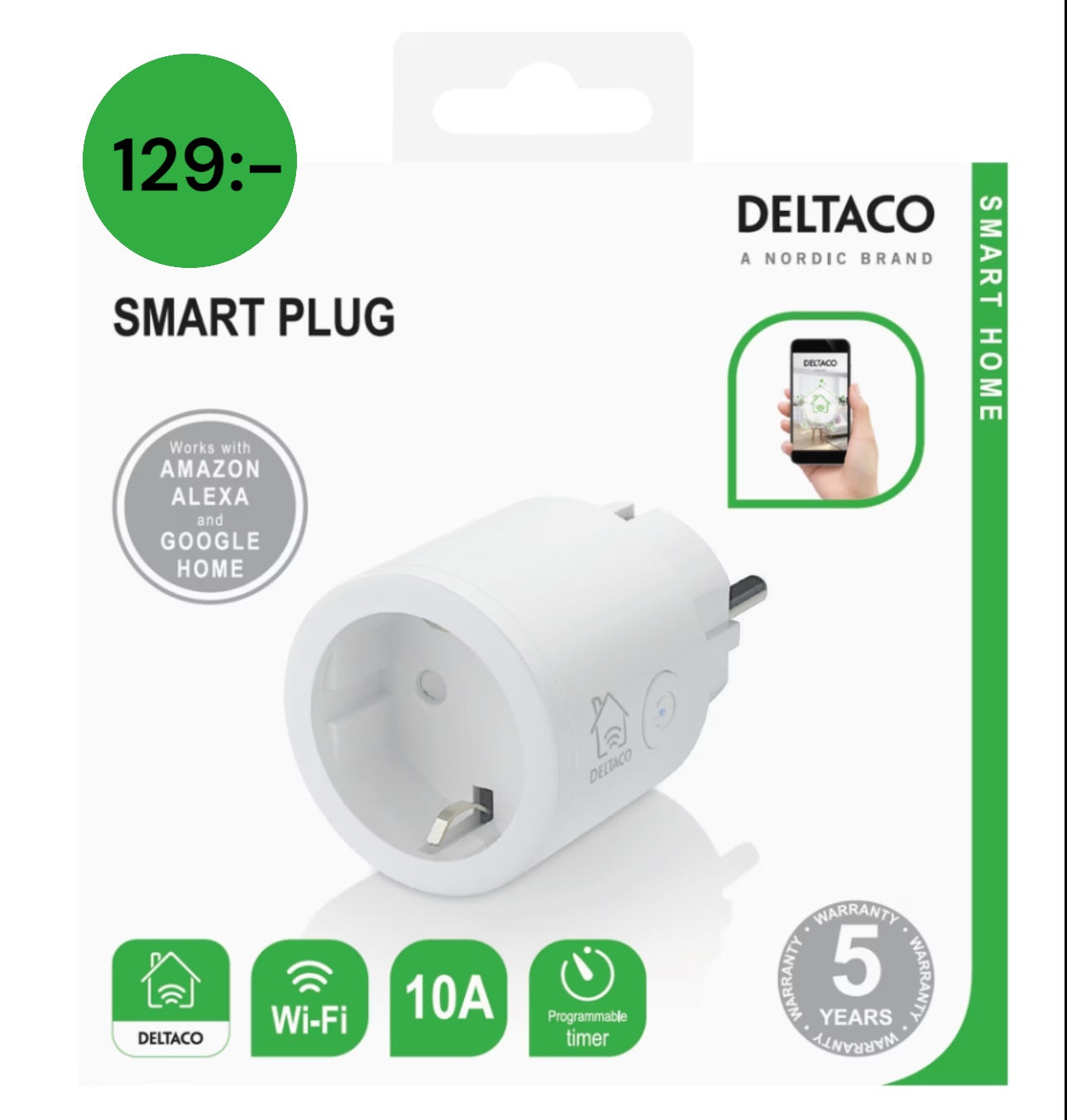 DELTACO SMART HOME strömbrytare, WiFi 2,4GHz, 1xCEE 7/3, 10A, timer, 220-240V, v