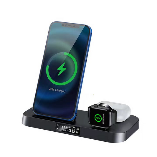 SiGN 4-in-1 Wireless Charging Stand with Digital Clock, 15W - Black