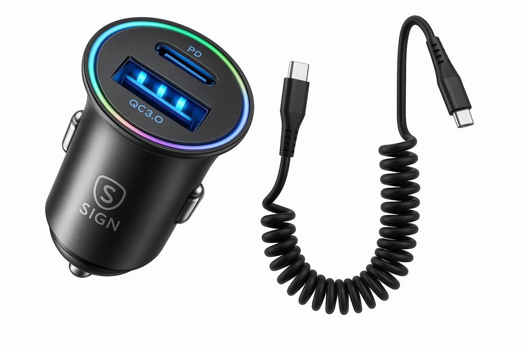 SiGN 60W Car Charger with Coiled USB-C to USB-C Cable – Black