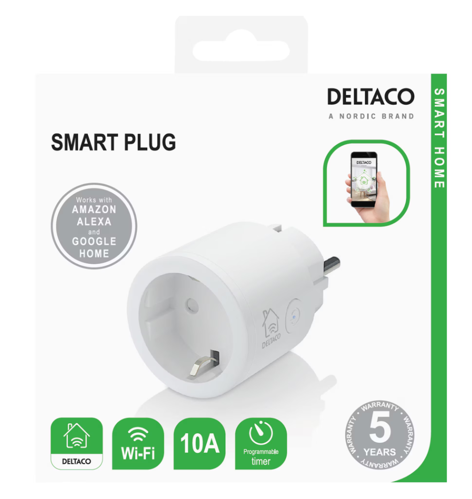 DELTACO SMART HOME strömbrytare, WiFi 2,4GHz, 1xCEE 7/3, 10A, timer, 220-240V, v