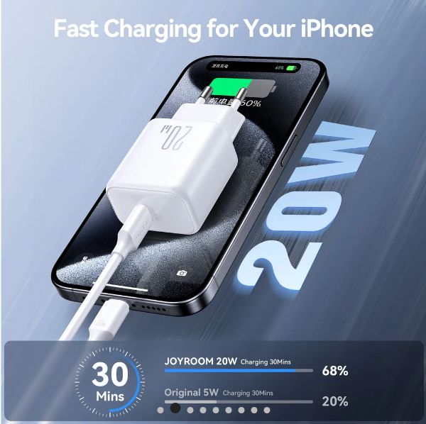 Joyroom 20W Snabbladdare + USB-C till Lightning-kabel – Vit