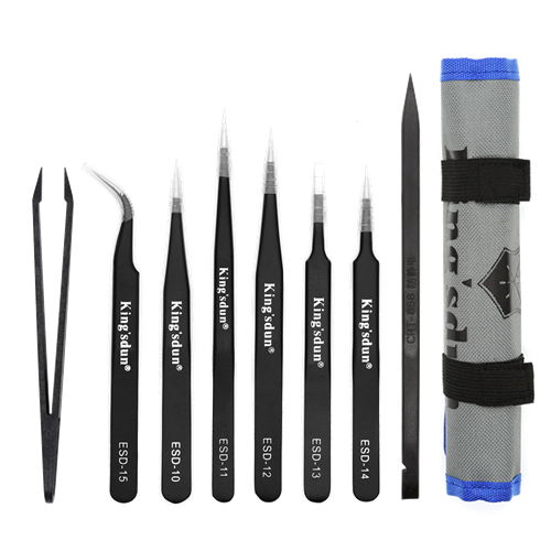 Kingsdun Set/Tweezers, 8 Parts, ESD - Black