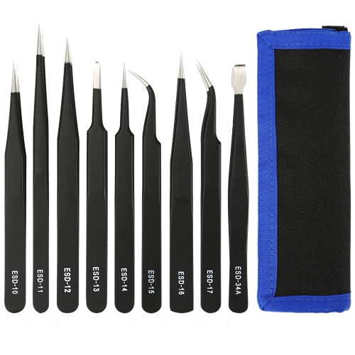 Deltaco Tweezer Kit for Electronics/ESD, 9 Parts - Black