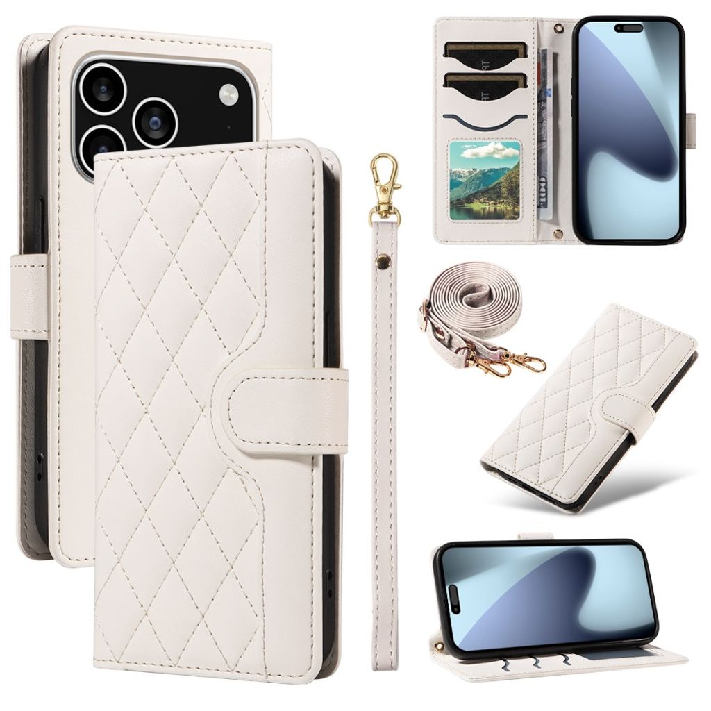 IPhone 17 Pro plånboksfodral rhombus PU leather med strap - vit