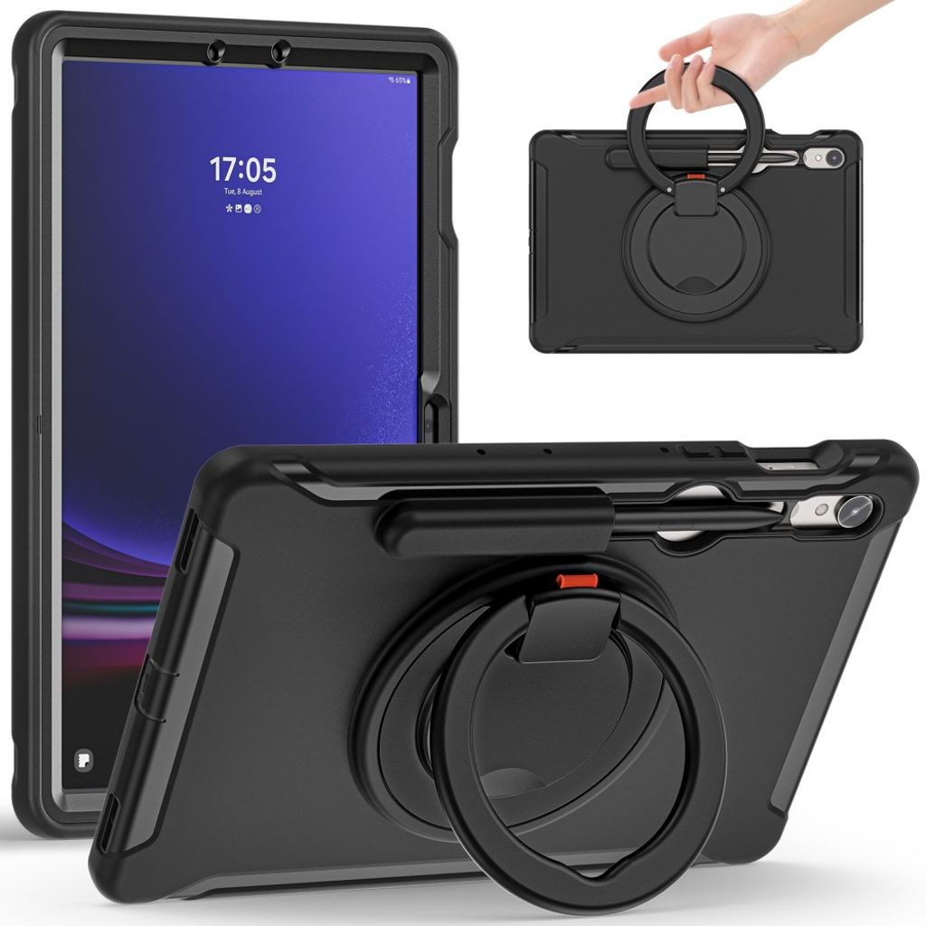 Samsung Galaxy Tab S9 FE / S9 / S8 / S7 Skal med 360° Stativ & Pennhållare – Svart