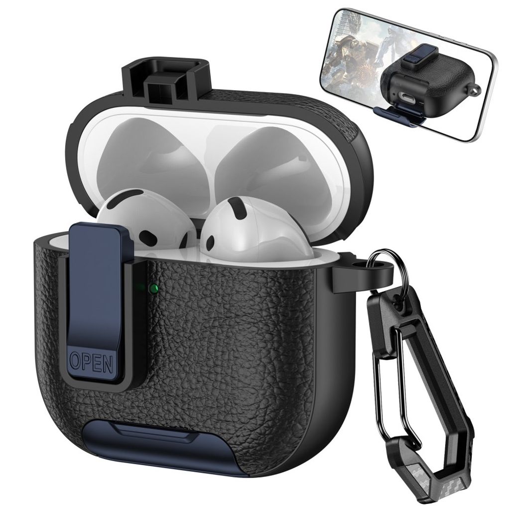 AirPods 4 Case Lock Stand Artificial Leather with Carabiner - Black/Dark Blue