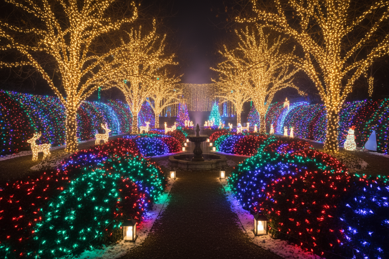 generera en bild på julbelysning i en trädgård